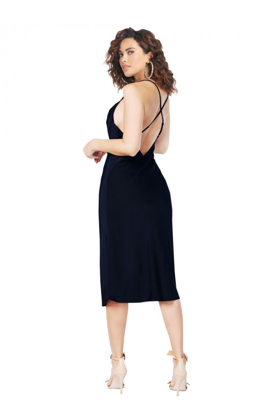 Open Back Spaghetti Straps Silky Satin Dark Navy Midi Length Prom Dress Canada Shop