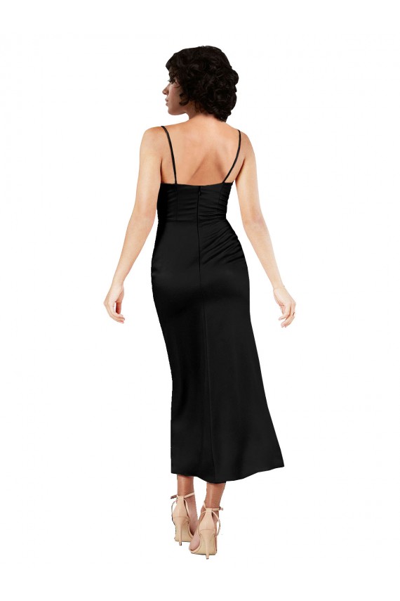 Spaghetti Straps Silky Satin Black Tea Length Prom Dress Canada Shop