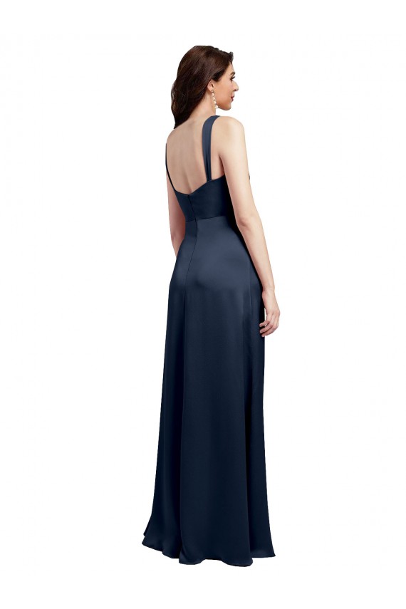 Low Back Cowl Neck Stretch Satin Dark Navy Long Prom Dress Canada Shop