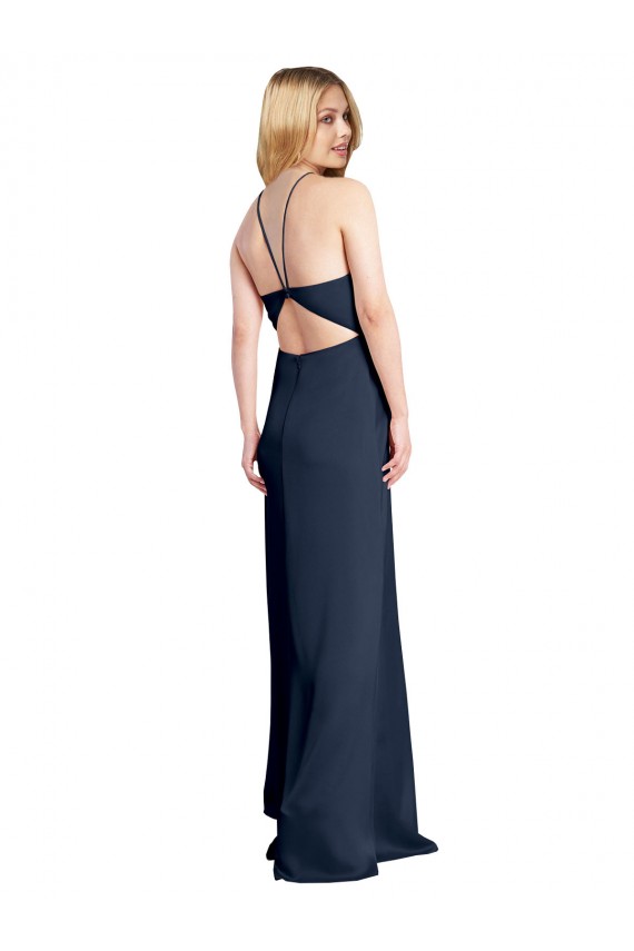 Open Back Halter Neck Stretch Satin Dark Navy Long Prom Dress Canada Shop