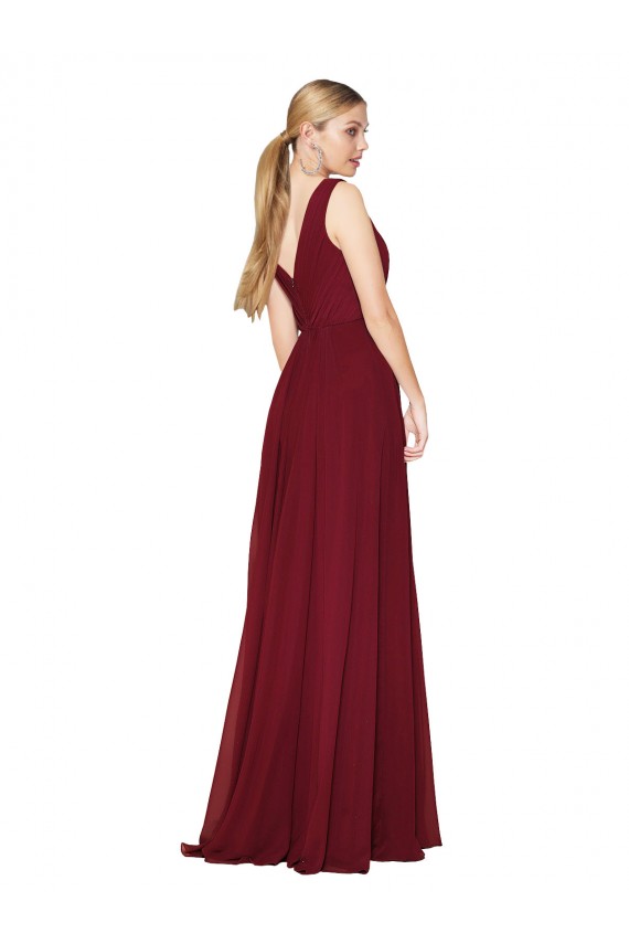 V-Back V-Neck Soft Chiffon Burgundy Long Bridal Party Dress Canada Shop