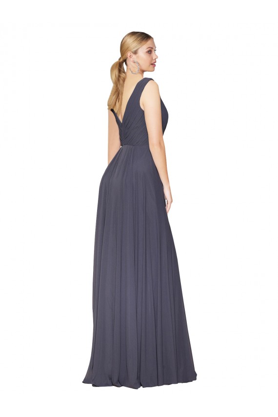 V-Back V-Neck Soft Chiffon Dusty Blue Long Wedding Guest Dress Canada Shop