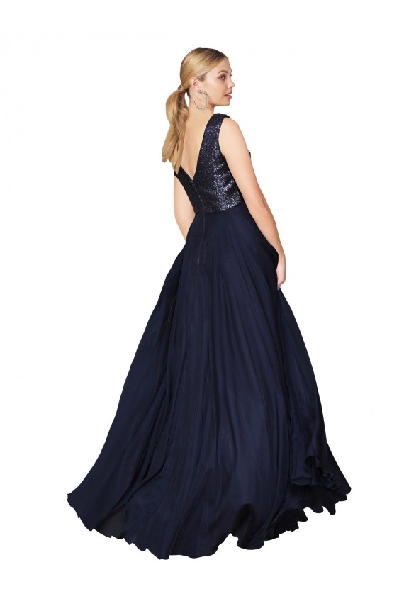 V-Back V-Neck Soft Chiffon & Sequin Dark Navy Long Prom Dress Canada Shop