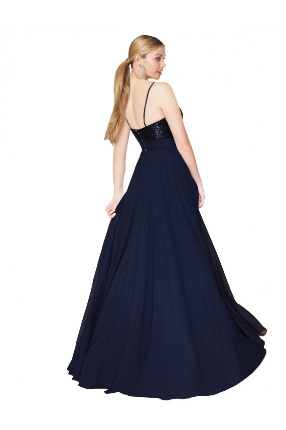Spaghetti Straps Soft Chiffon & Sequin Dark Navy Long Prom Dress Canada Shop