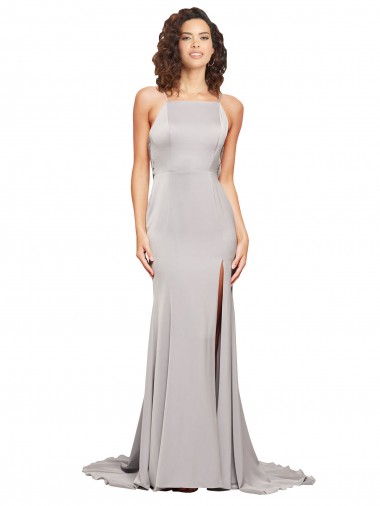 Low Back High Neck Stretch Satin Sweep Train Prom Dresses Canada Shop