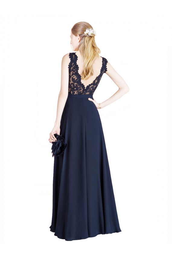 V-Back Illusion Neck Soft Chiffon & Lace Dark Navy Long Prom Dress Canada Shop