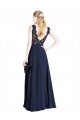 V-Back Illusion Neck Soft Chiffon & Lace Dark Navy Long Prom Dress Canada Shop