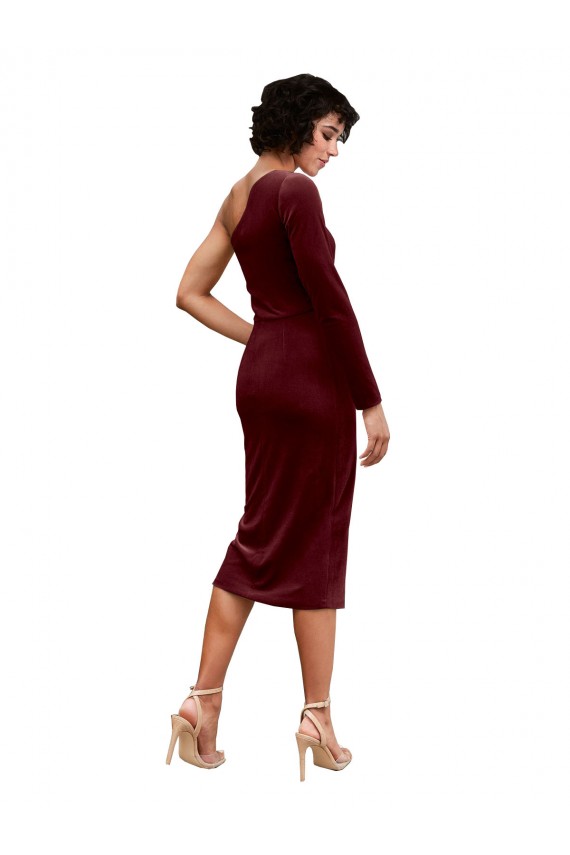 One Shoulder Stretch Velvet Burgundy Midi Length Prom Dress Canada Shop