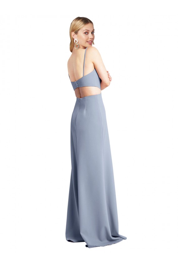Open Back Spaghetti Straps Stretch Crepe Smoke Blue Long Prom Dress Canada Shop