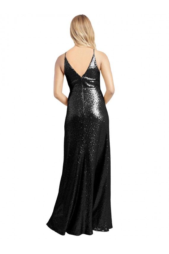 V-Back Spaghetti Straps Sequin Black Long Sexy Prom Dress Canada Shop