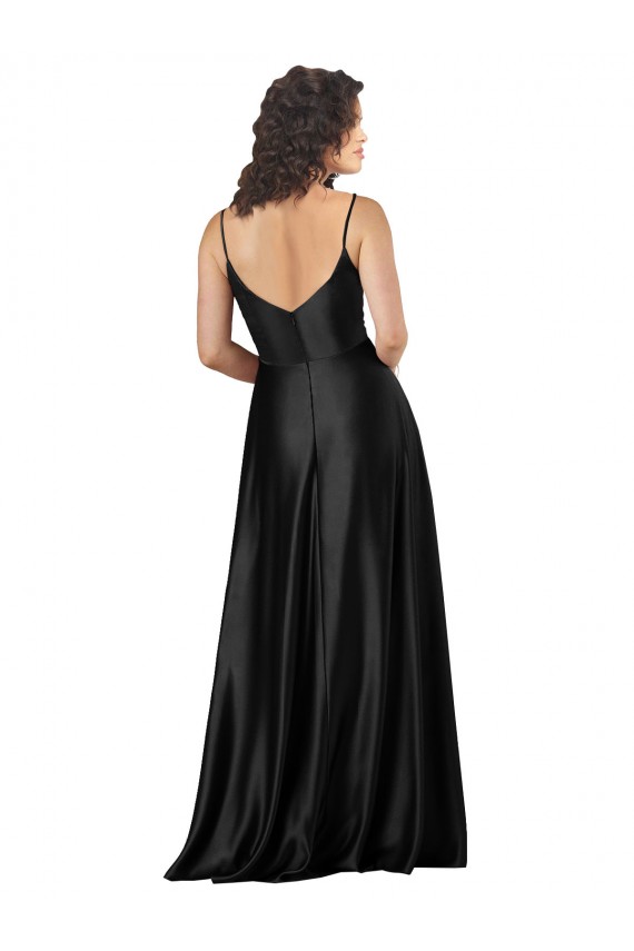 Low Back V-Neck Silky Satin Black Long Prom Dress Canada Shop