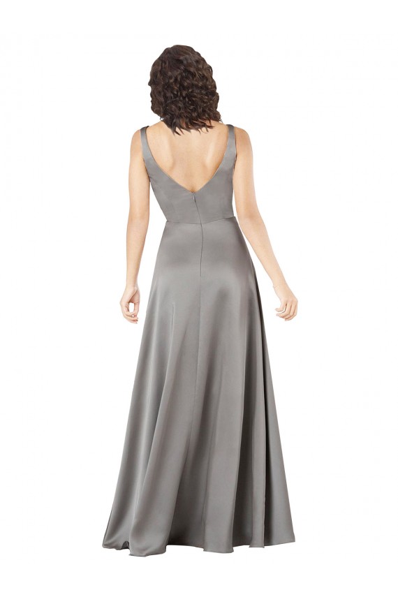 V-Neck Silky Satin Pearl Grey Long Prom Dress Canada Shop