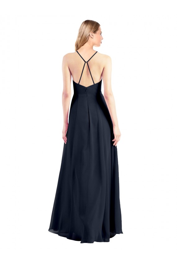 Open Back V-Neck Soft Chiffon Dark Navy Long Bridal Party Dress Canada Shop