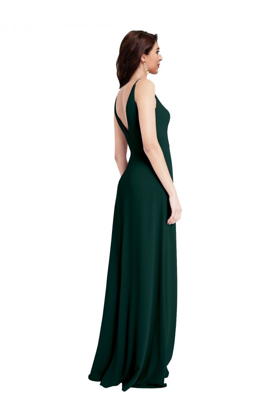 V-Neck Stretch Crepe Midnight Green Long A-Line Prom Dress Canada Shop
