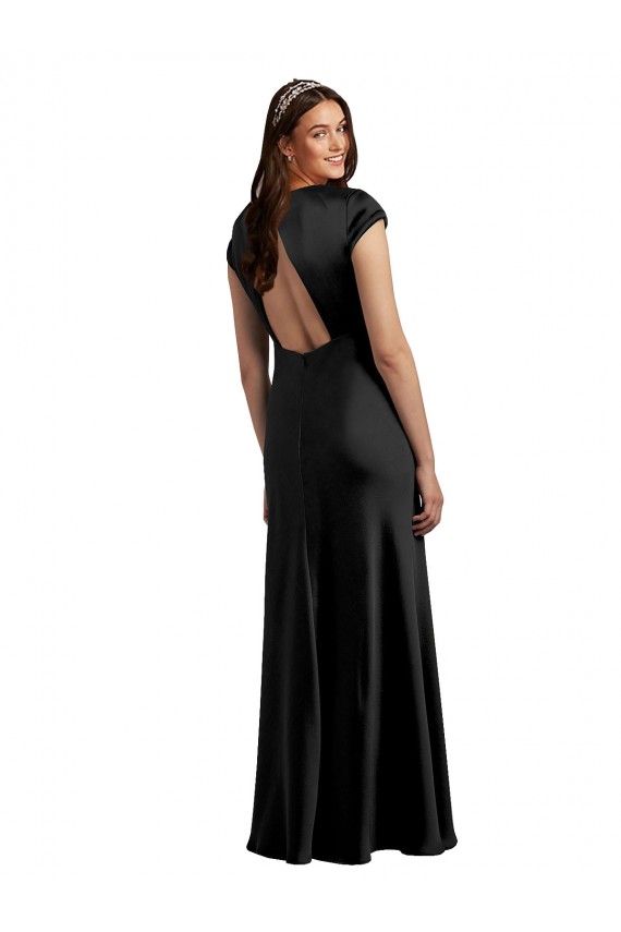 Keyhole Back V-Neck Stretch Satin Black Long Prom Dress Canada Shop