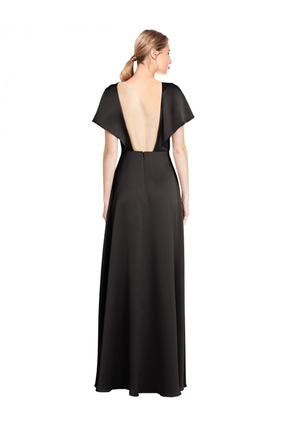 Open Back V-Neck Stretch Satin Black Long Prom Dress Canada Shop