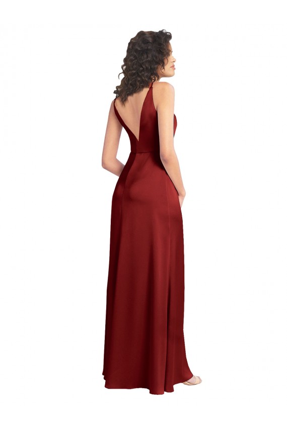 V-Back V-Neck Stretch Satin Burgundy Long Prom Dress Canada Shop