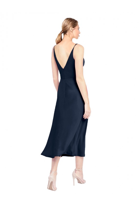 V-Back V-Neck Stretch Satin Dark Navy Midi Length Prom Dress Canada Shop