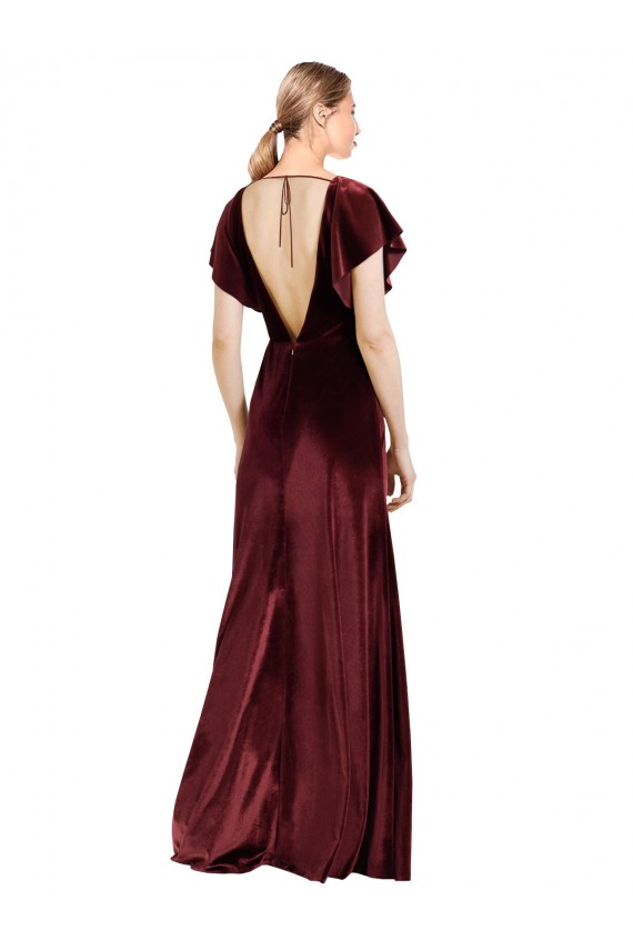 V-Back V-Neck Stretch Velvet Burgundy Flutter Sleeves Long Prom Dress Canada Shop