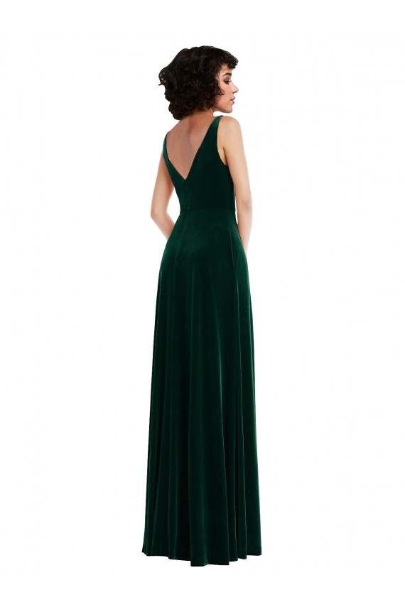 V-Neck Stretch Velvet Dark Green V-Back A-Line Prom Dress Canada Shop