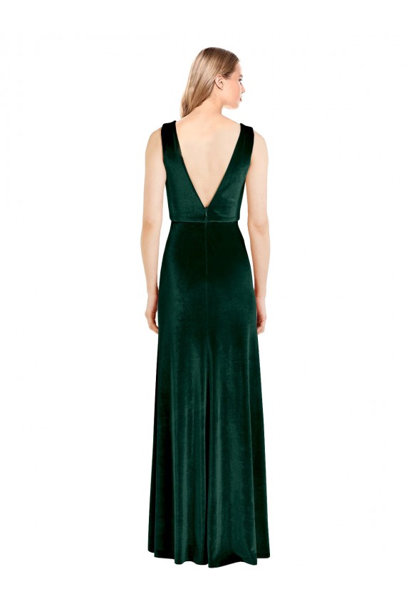 V-Neck Stretch Velvet Dark Green Long A-Line Prom Dress Canada Shop