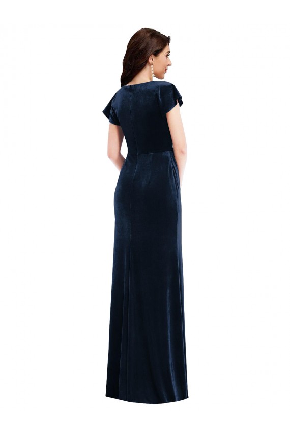 V-Neck Stretch Velvet Dark Navy Flutter Sleeves Long Prom Dress Canada Shop