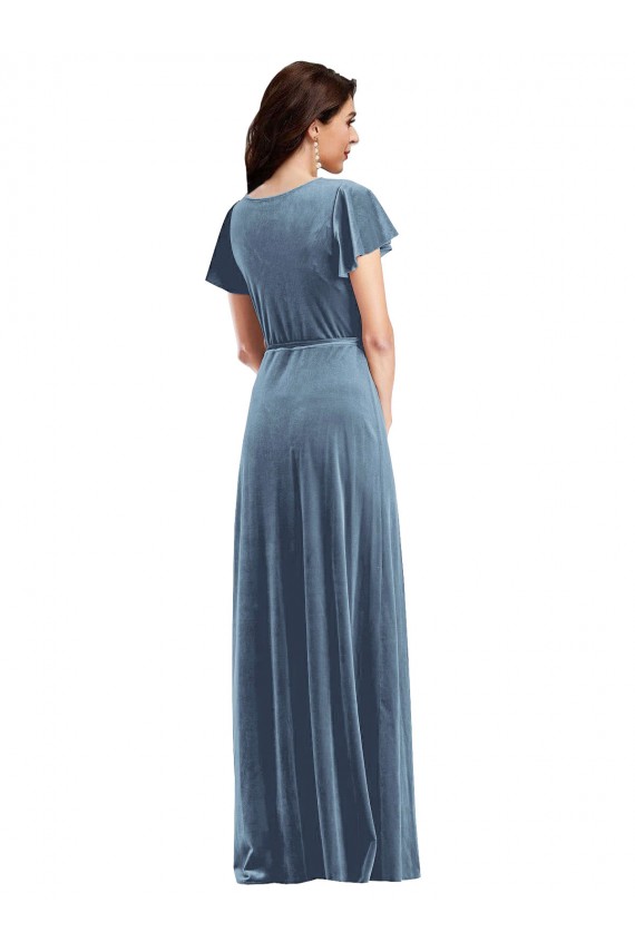 V-Neck Stretch Velvet Dusty Blue Long Prom Dress Canada Shop