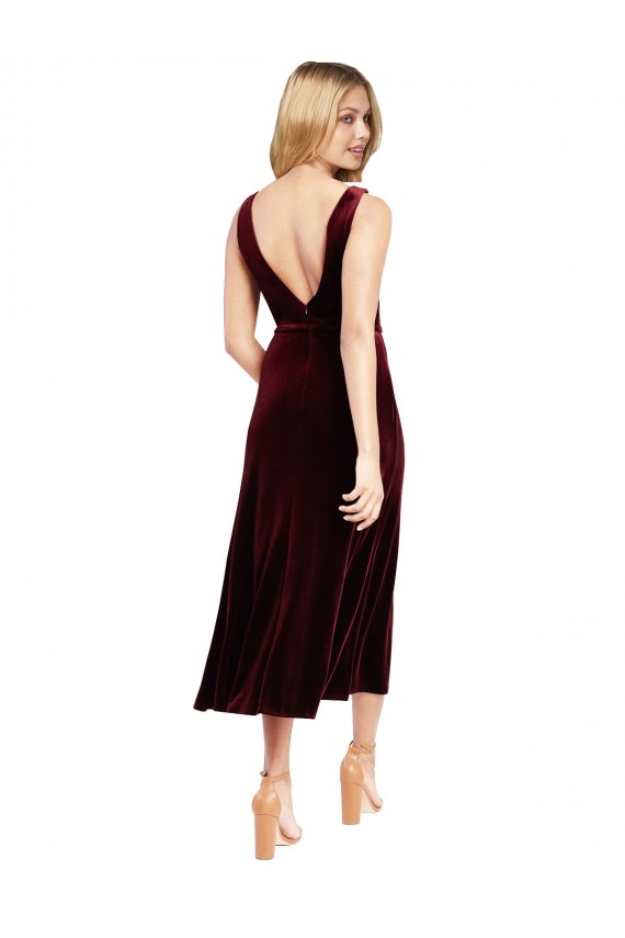 V-Back V-Neck Stretch Velvet Burgundy Midi Length Prom Dress Canada Shop