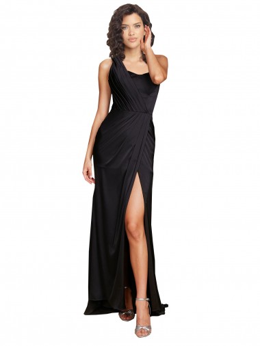 One Shoulder Silky Satin Black Sleeveless Long Sexy Prom Dress Canada Shop