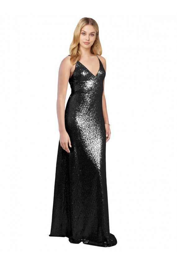 V-Back Spaghetti Straps Sequin Black Long Sexy Prom Dress Canada Shop