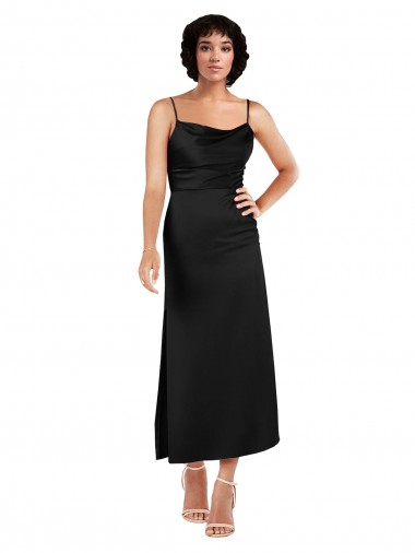 Spaghetti Straps Silky Satin Black Tea Length Prom Dress Canada Shop
