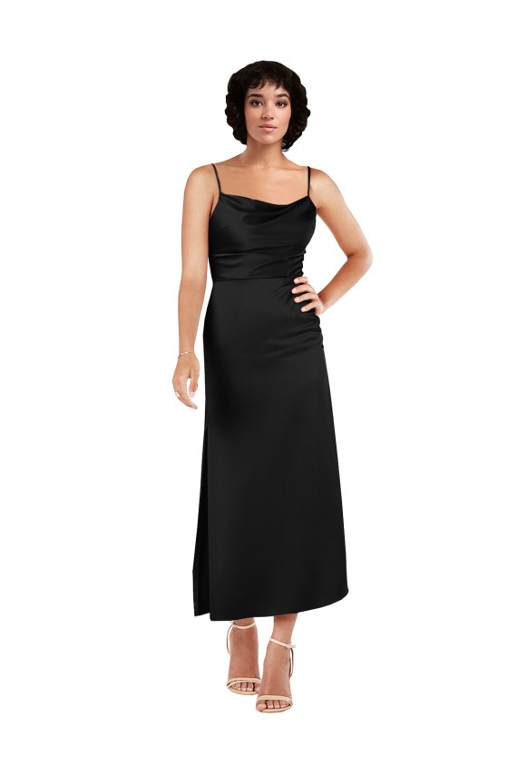 Spaghetti Straps Silky Satin Black Tea Length Prom Dress Canada Shop