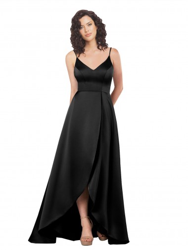 V-Back V-Neck Silky Satin Black Long Prom Dress Canada Shop