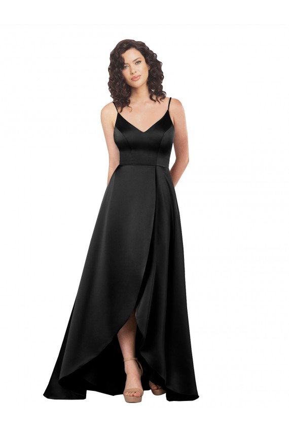 V-Back V-Neck Silky Satin Black Long Prom Dress Canada Shop