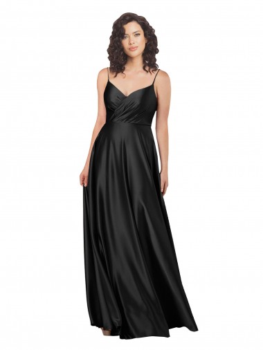 Low Back V-Neck Silky Satin Black Long Prom Dress Canada Shop