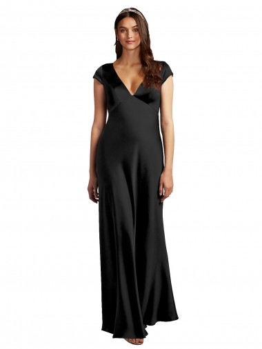 Keyhole Back V-Neck Stretch Satin Black Long Prom Dress Canada Shop