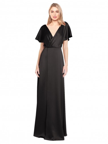 Open Back V-Neck Stretch Satin Black Long Prom Dress Canada Shop