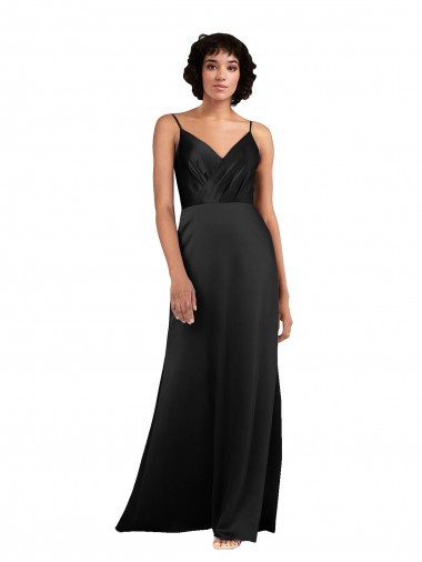 V-Neck Silky Satin Black Long Prom Dress Canada Shop