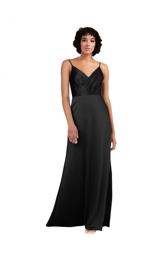 V-Neck Silky Satin Black Long Prom Dress Canada Shop