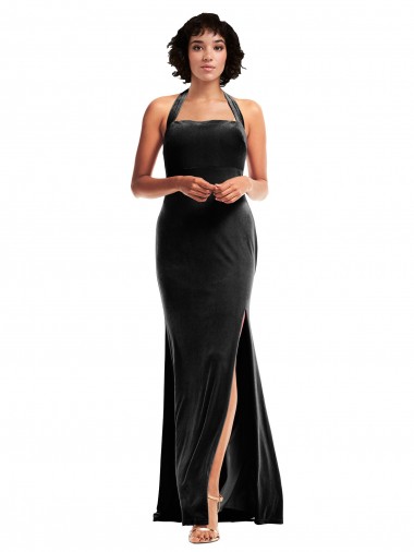 Halter Neck Stretch Velvet Black Long Mermaid Prom Dress Canada Shop