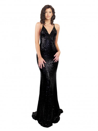 Open Back V-Neck Sequin Black Long Sexy Prom Dress Canada Shop