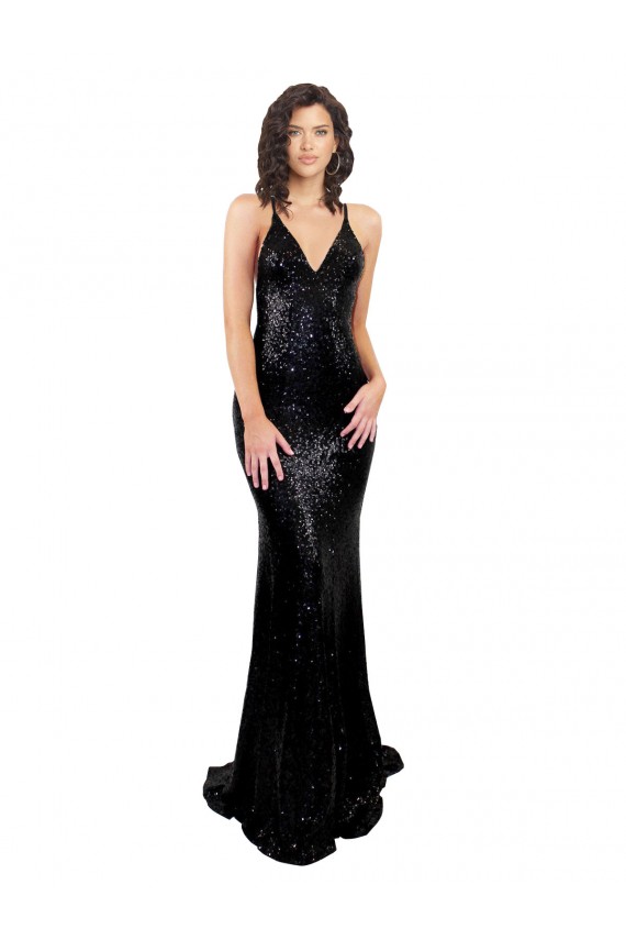 Open Back V-Neck Sequin Black Long Sexy Prom Dress Canada Shop