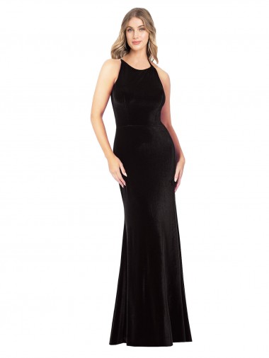 Open Back Spaghetti Straps Stretch Velvet Black Sleeveless Long Prom Dress Canada Shop