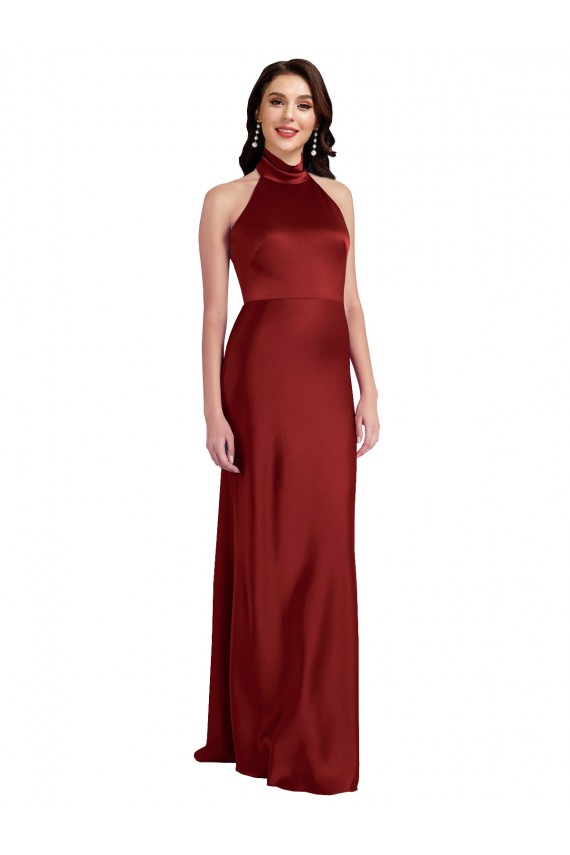 Open Back Halter Neck Stretch Satin Burgundy Long Prom Dress Canada Shop