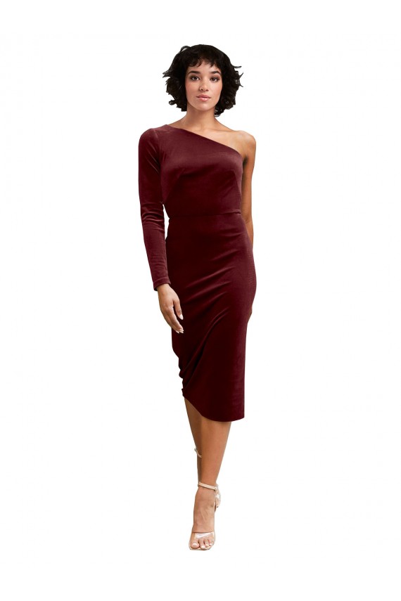 One Shoulder Stretch Velvet Burgundy Midi Length Prom Dress Canada Shop