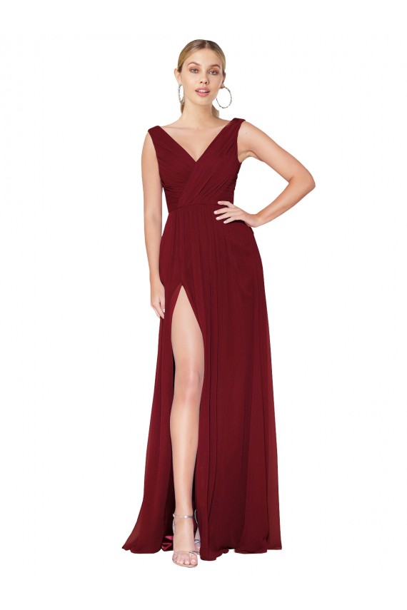 V-Back V-Neck Soft Chiffon Burgundy Long Prom Dress Canada Shop
