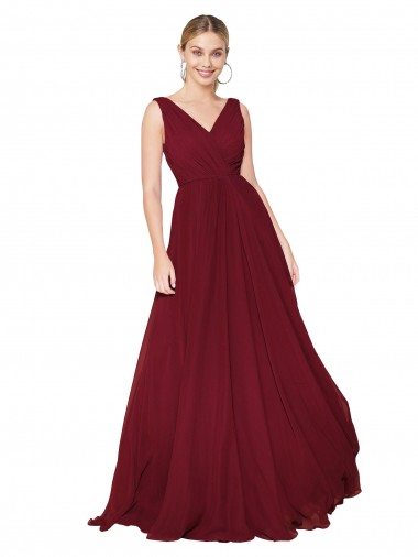 V-Back V-Neck Soft Chiffon Burgundy Long Bridal Party Dress Canada Shop