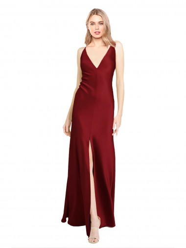 V-Back V-Neck Stretch Satin Burgundy Long Prom Dresses Canada Shop
