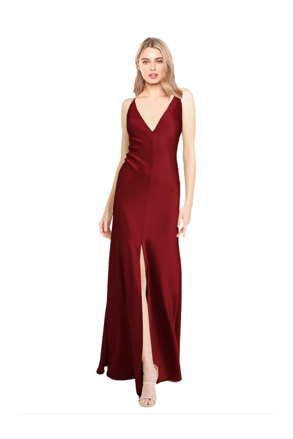 V-Back V-Neck Stretch Satin Burgundy Long Prom Dresses Canada Shop