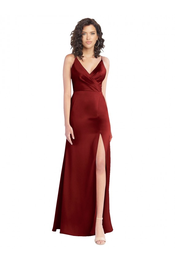 V-Back V-Neck Stretch Satin Burgundy Long Prom Dress Canada Shop